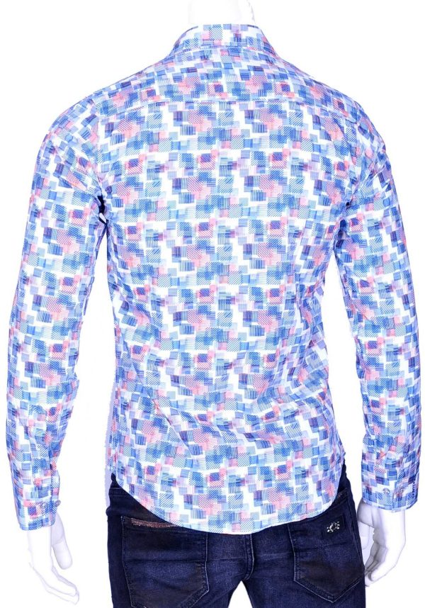 Ferlucci Trendy Getailleerd Slim Fit Heren Overhemd met Allover Blokjes Dessin - Blauw