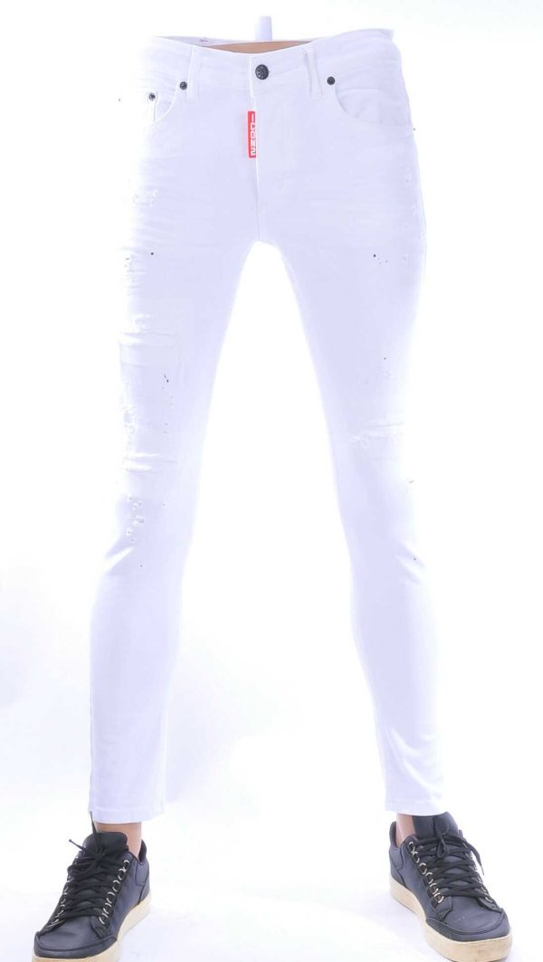 ICON2 Witte Hipster Gescheurde Slim Fit Stretch Heren Jeans met Verfspatten – Trendy en Comfortabel voor Stoere Mannen