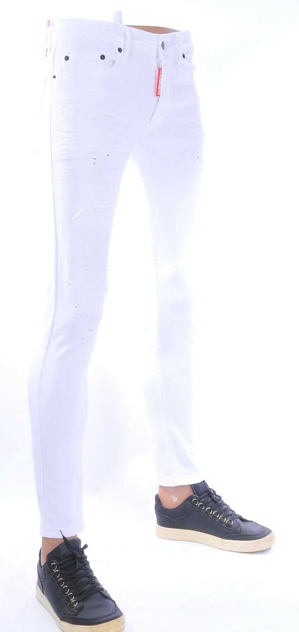 ICON2 Witte Hipster Gescheurde Slim Fit Stretch Heren Jeans met Verfspatten – Trendy en Comfortabel voor Stoere Mannen