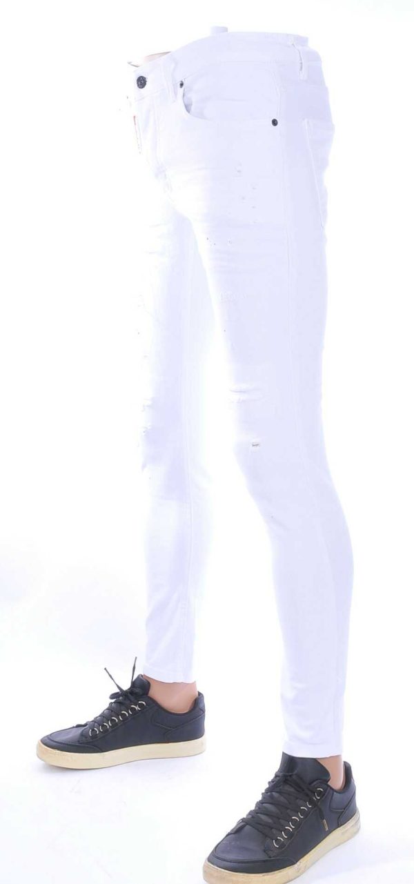 ICON2 Witte Hipster Gescheurde Slim Fit Stretch Heren Jeans met Verfspatten – Trendy en Comfortabel voor Stoere Mannen