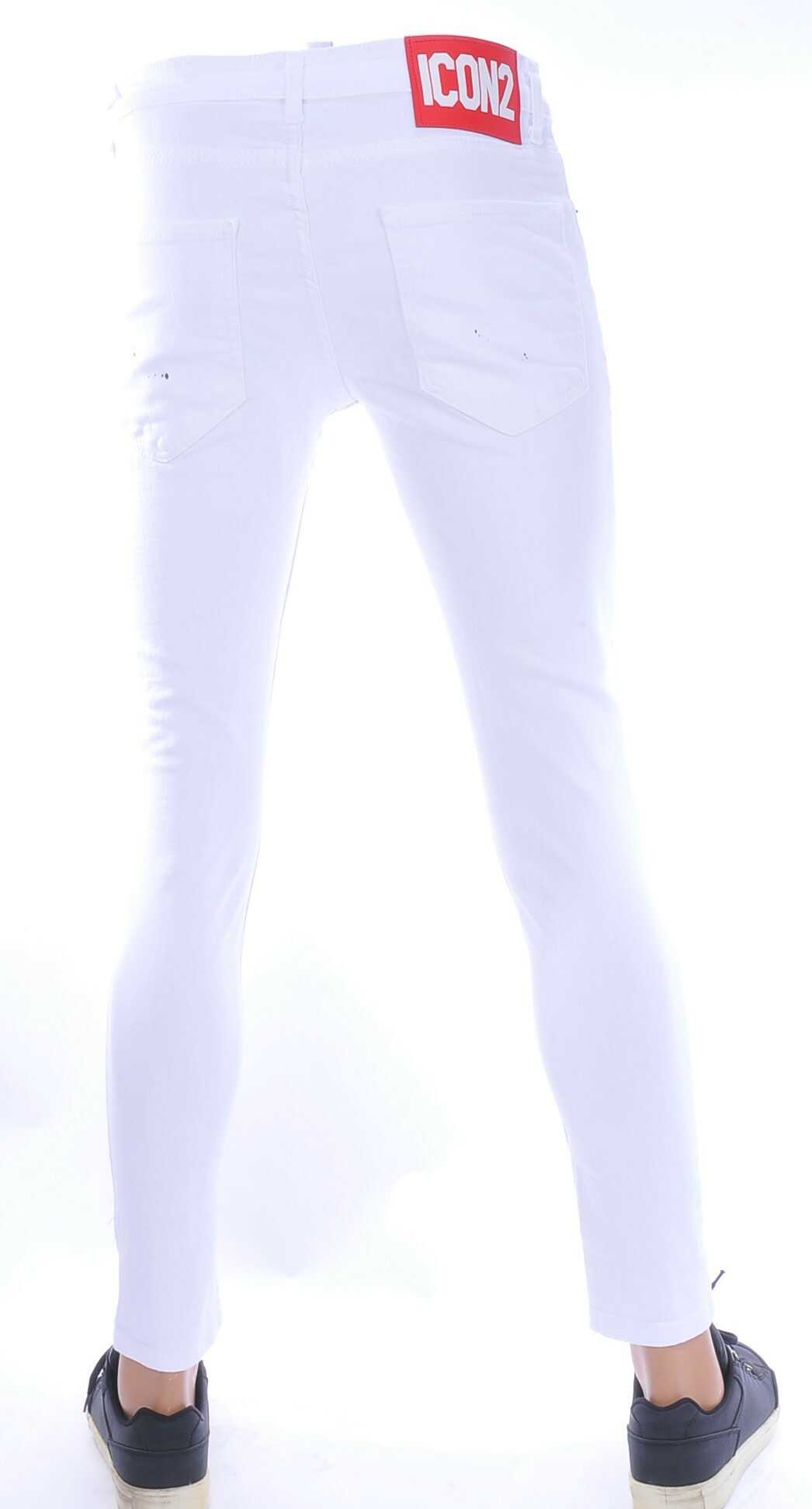ICON2 Witte Hipster Gescheurde Slim Fit Stretch Heren Jeans met Verfspatten – Trendy en Comfortabel voor Stoere Mannen