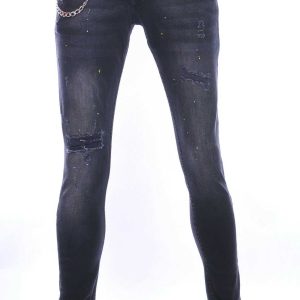 ICON2 hippie gescheurde slim fit stretch heren jeans met verfspatten Zwart
