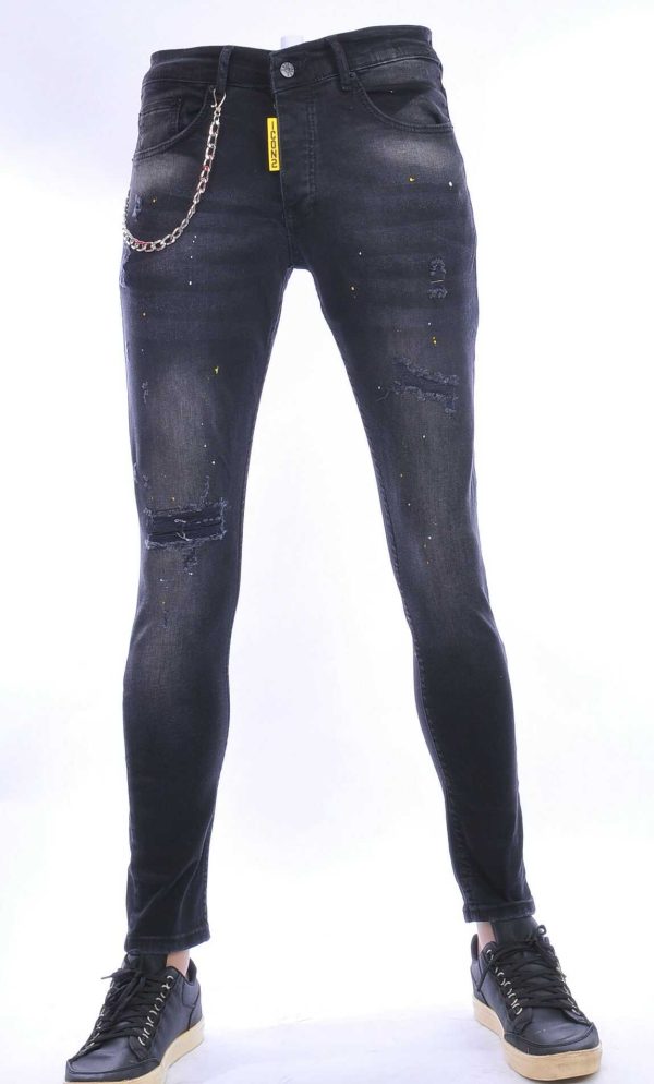 ICON2 hippie gescheurde slim fit stretch heren jeans met verfspatten Zwart