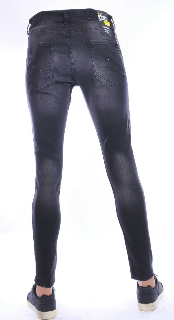 ICON2 hippie gescheurde slim fit stretch heren jeans met verfspatten Zwart