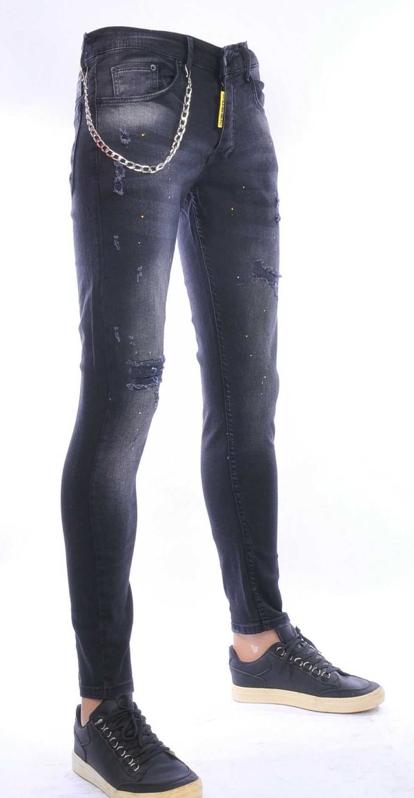 ICON2 hippie gescheurde slim fit stretch heren jeans met verfspatten Zwart
