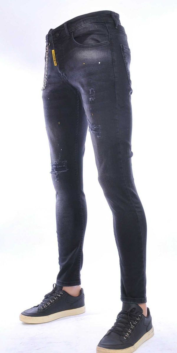 ICON2 hippie gescheurde slim fit stretch heren jeans met verfspatten Zwart