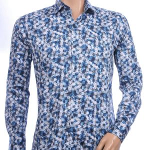 Corrino Italiaans getailleerd slim fit allover blokjes dessin heren overhemd Navy