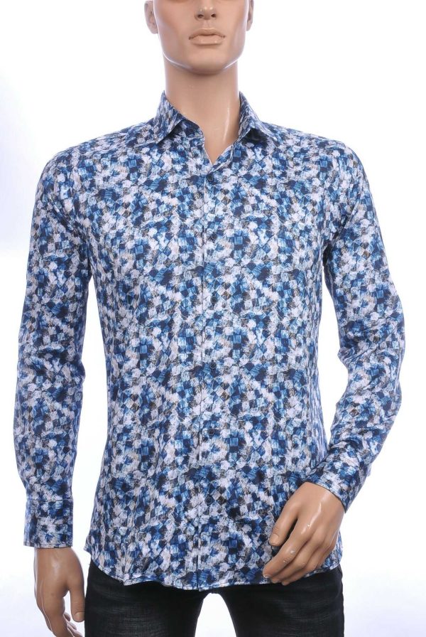 Corrino Italiaans getailleerd slim fit allover blokjes dessin heren overhemd Navy