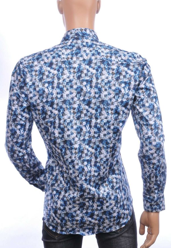 Corrino Italiaans getailleerd slim fit allover blokjes dessin heren overhemd Navy