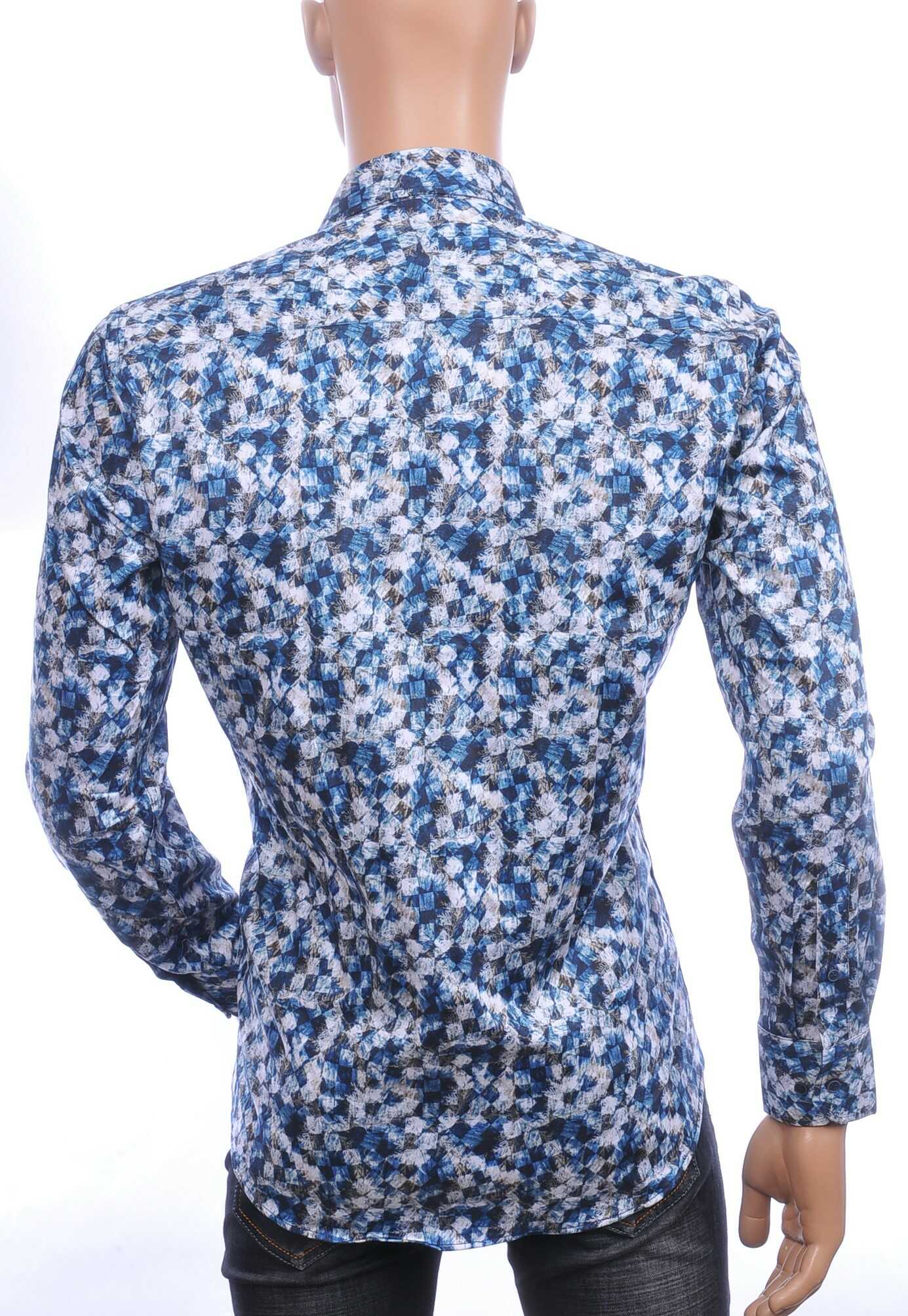 Corrino Italiaans getailleerd slim fit allover blokjes dessin heren overhemd Navy