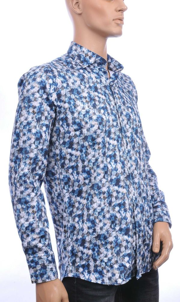 Corrino Italiaans getailleerd slim fit allover blokjes dessin heren overhemd Navy