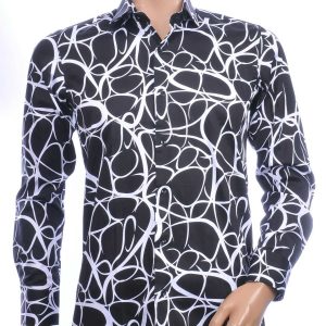 Corrino Italiaans getailleerd slim fit allover marmer dessin heren overhemd Zwart