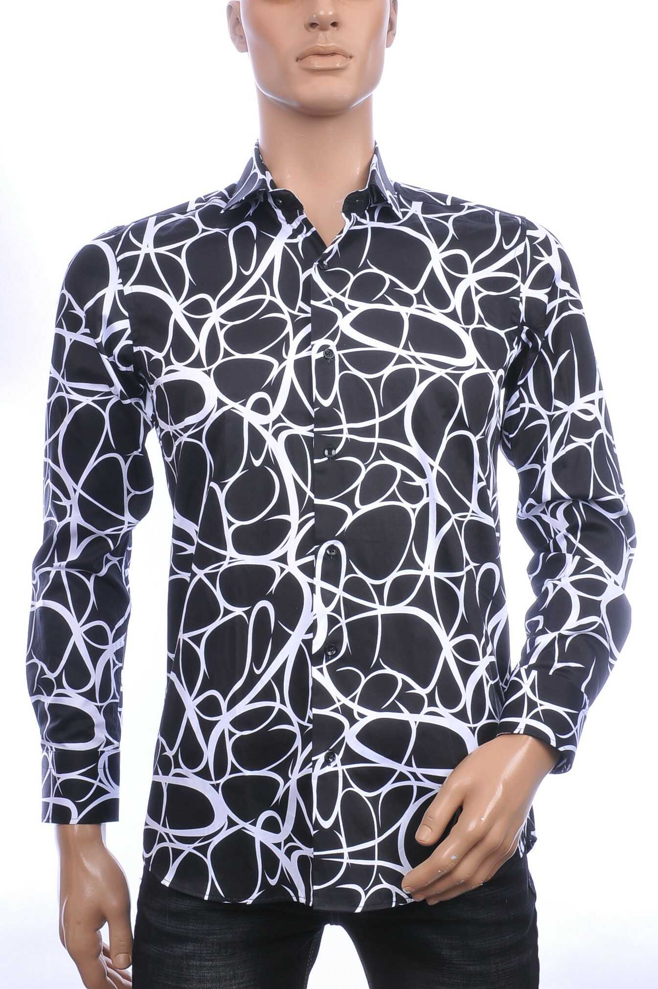 Corrino Italiaans getailleerd slim fit allover marmer dessin heren overhemd Zwart