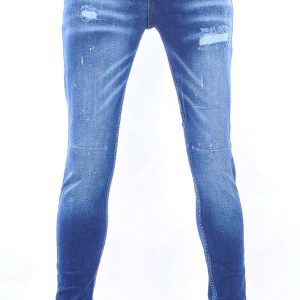 VALENCI hippie gescheurde slim fit stretch skinny heren jeans met verfspatten Blauw