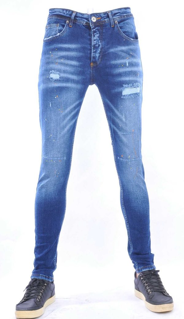 VALENCI hippie gescheurde slim fit stretch skinny heren jeans met verfspatten Blauw
