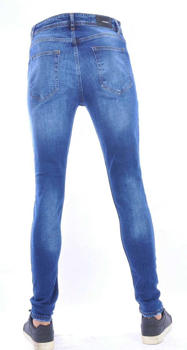 VALENCI hippie gescheurde slim fit stretch skinny heren jeans met verfspatten Blauw