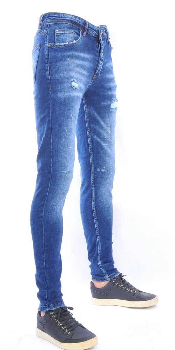 VALENCI hippie gescheurde slim fit stretch skinny heren jeans met verfspatten Blauw