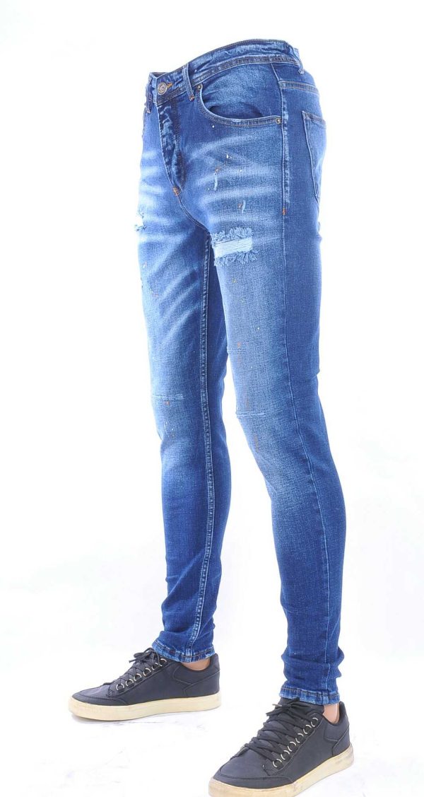 VALENCI hippie gescheurde slim fit stretch skinny heren jeans met verfspatten Blauw