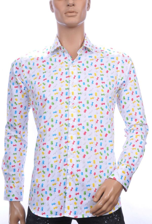 CORRINO OLYMP State of Art Blue Industry A fish named fred Wolff Blitz Moncler DIOR Philipp Plein PRADA Louis Vuitton GUCCI VERSACE KENZO Dsquared2 Levi's CHASIN G-STAR DOLCE & GABBANA DIESEL PME LEGEND WAM DENIM LACOSTE slim fit allover kleurrijk punaises dessin heren overhemd Wit