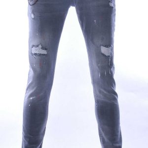 ICON2 hippie gescheurde slim fit stretch heren jeans met verfspatten Grijs