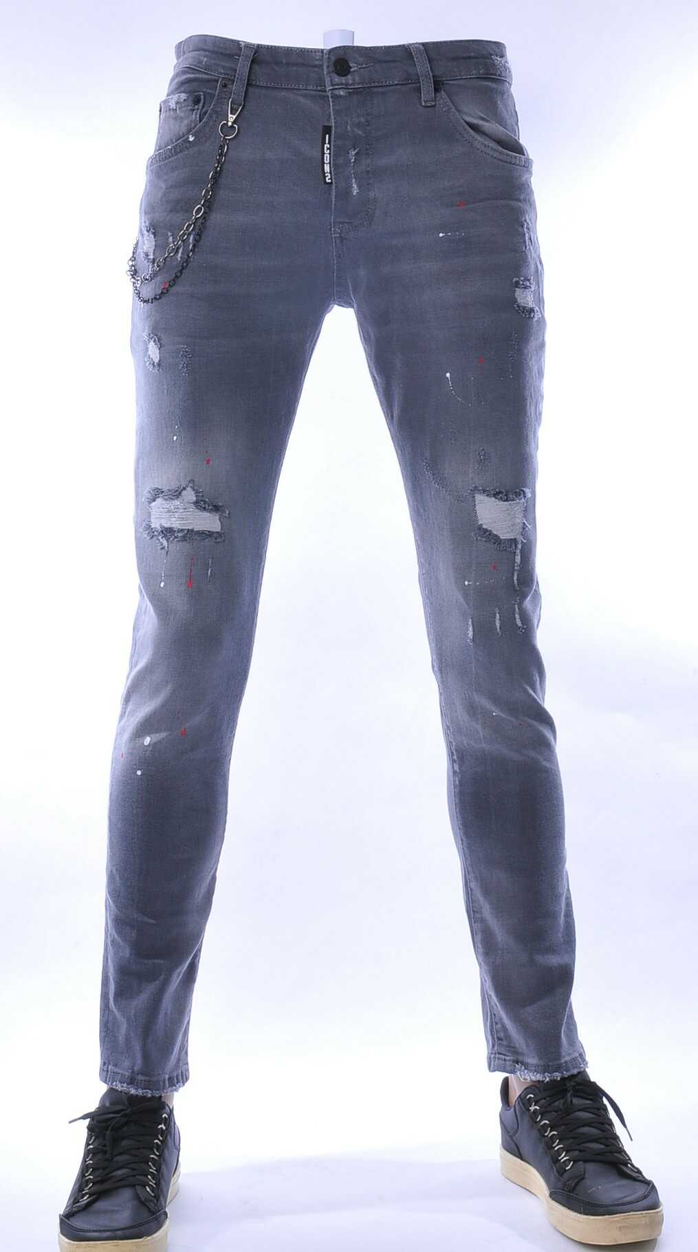 ICON2 hippie gescheurde slim fit stretch heren jeans met verfspatten Grijs