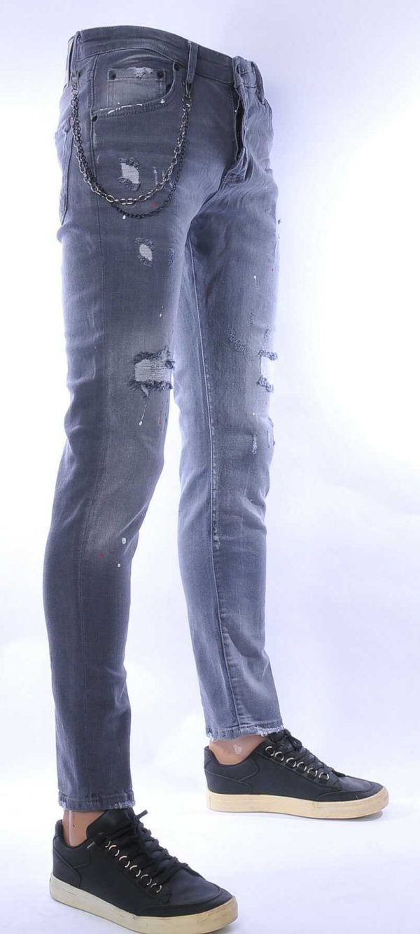 ICON2 hippie gescheurde slim fit stretch heren jeans met verfspatten Grijs