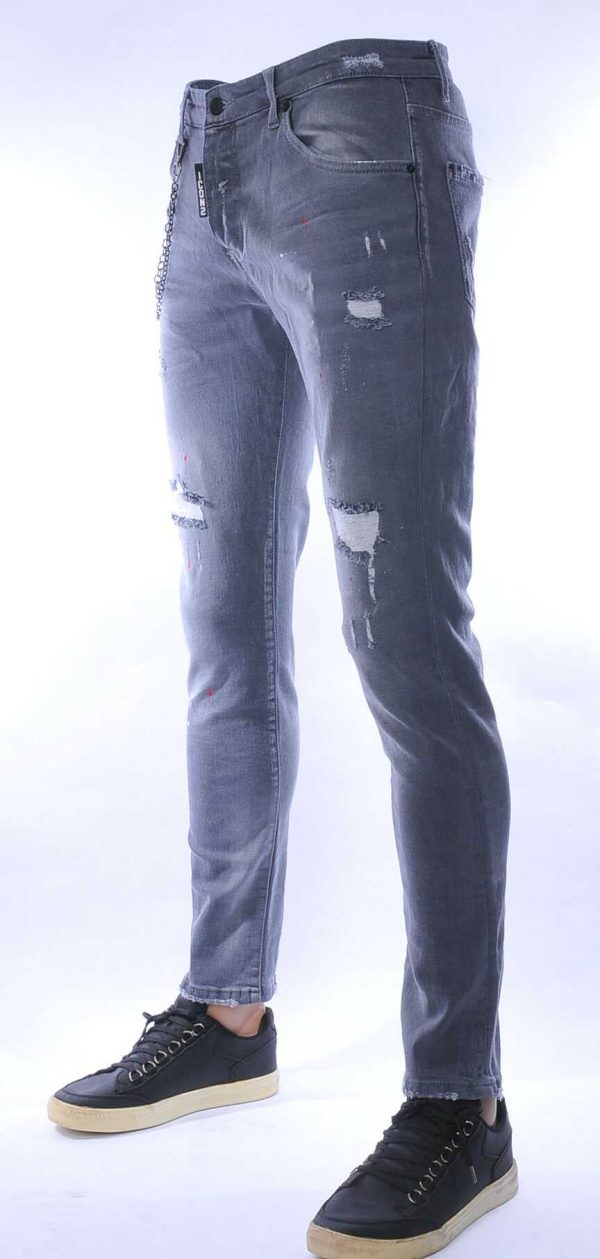 ICON2 hippie gescheurde slim fit stretch heren jeans met verfspatten Grijs