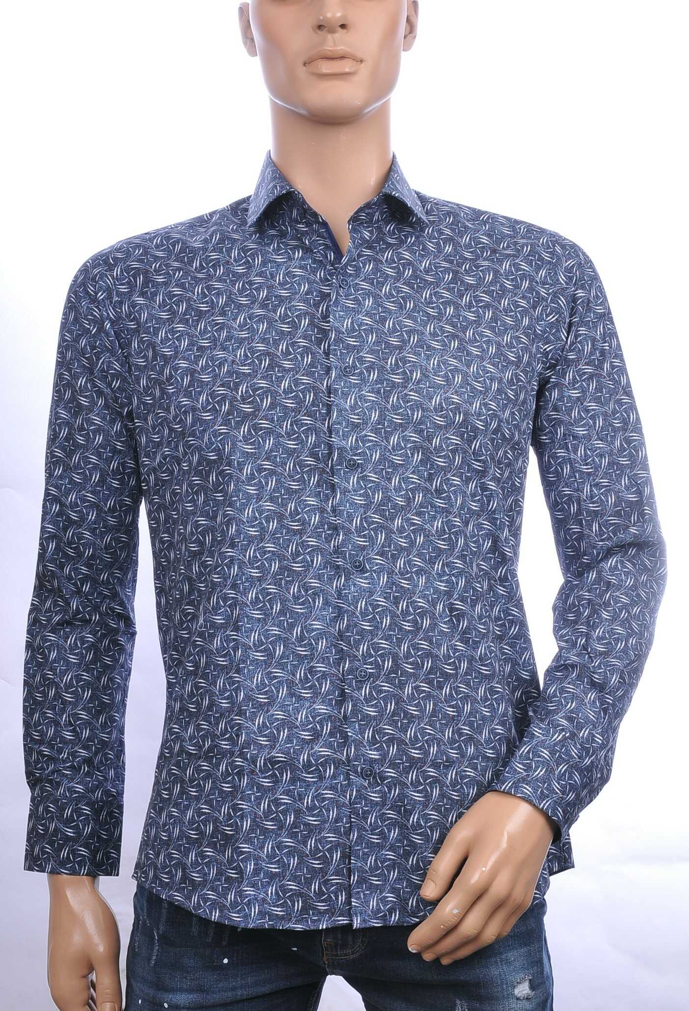 CARTER DAVIS Italiaanse slim fit allover bladeren dessin heren overhemd Navy
