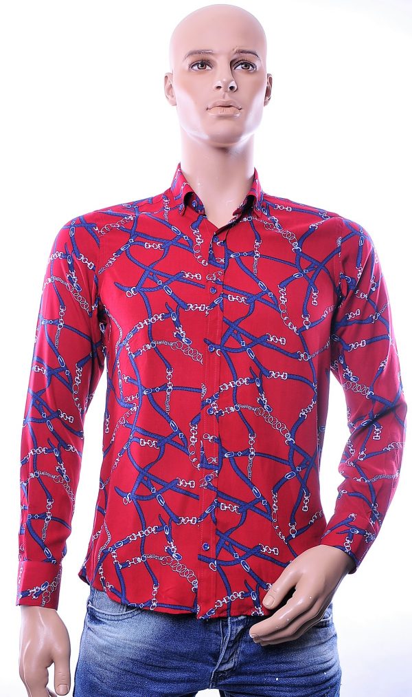 Roballi trendy slim fit allover kettingen dessin heren overhemd Bordeaux