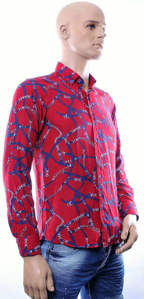 Roballi trendy slim fit allover kettingen dessin heren overhemd Bordeaux