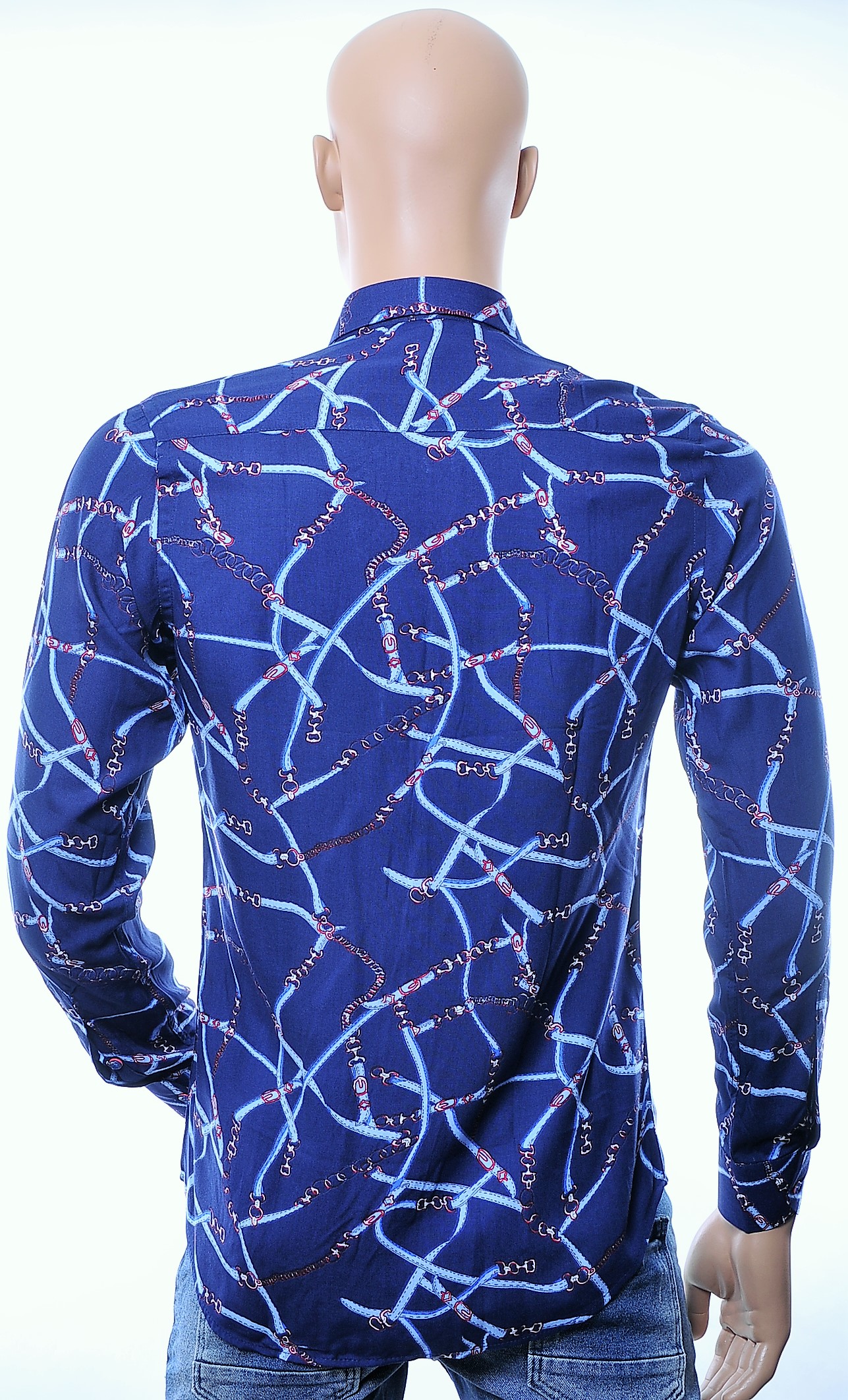 Roballi trendy slim fit allover kettingen dessin heren overhemd Navy