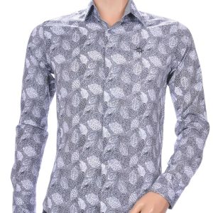 Ferlucci Trendy Slim Fit Heren Overhemd met Allover Bladeren Dessin - Grijs