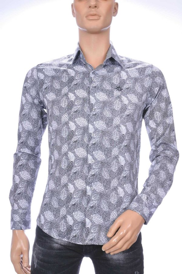 Ferlucci Trendy Slim Fit Heren Overhemd met Allover Bladeren Dessin - Grijs
