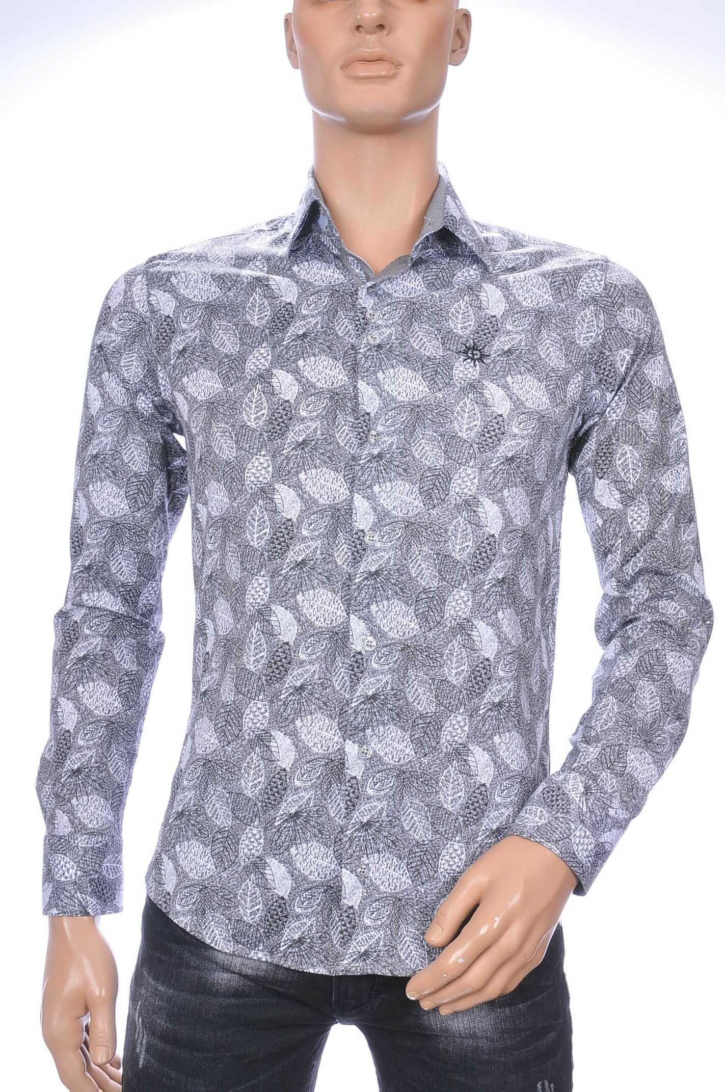 Ferlucci Trendy Slim Fit Heren Overhemd met Allover Bladeren Dessin - Grijs