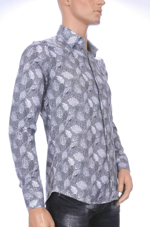 Ferlucci Trendy Slim Fit Heren Overhemd met Allover Bladeren Dessin - Grijs