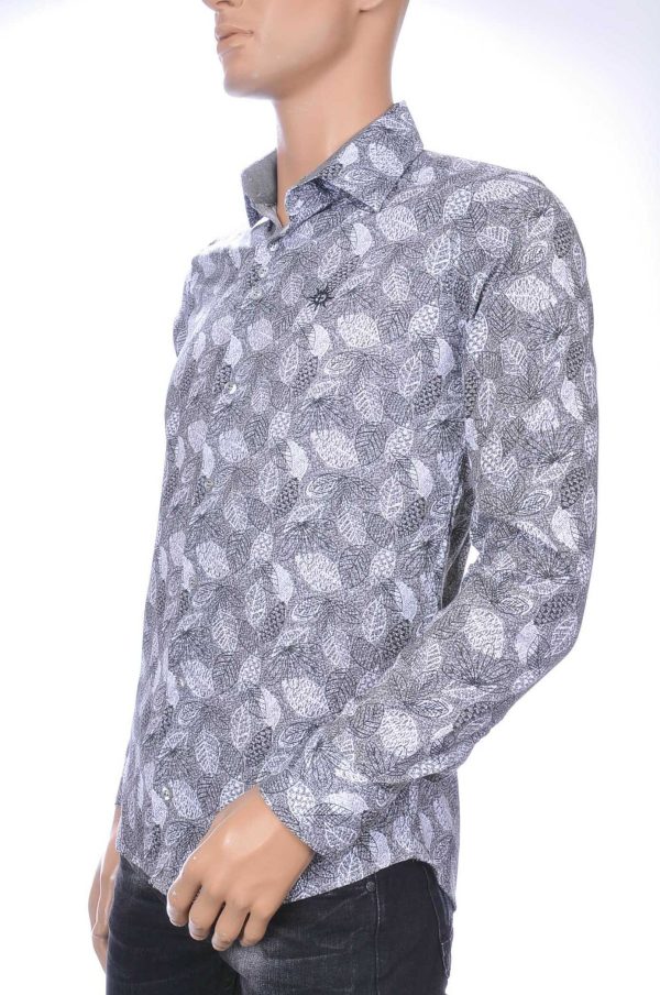 Ferlucci Trendy Slim Fit Heren Overhemd met Allover Bladeren Dessin - Grijs