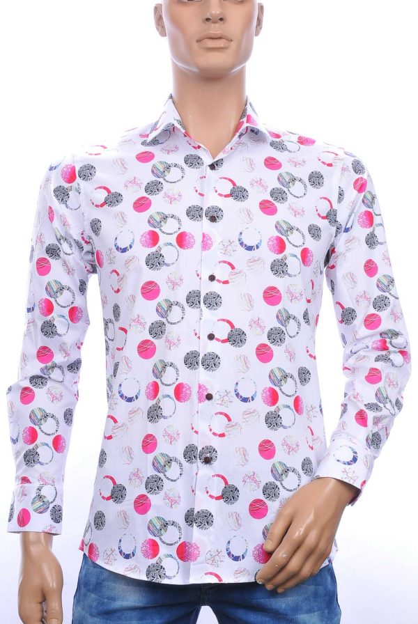 Corrino trendy slim fit allover kleurrijk rondjes dessin heren overhemd Wit