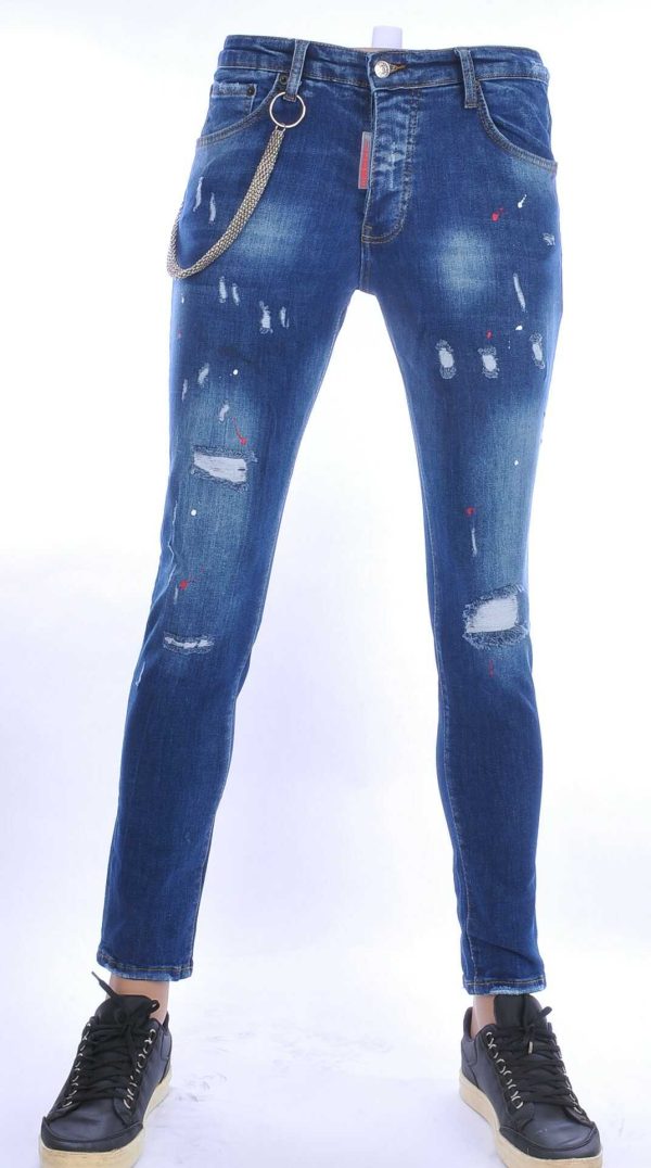 ICON2 hippie gescheurde slim fit stretch heren jeans met verfspatten Blauw