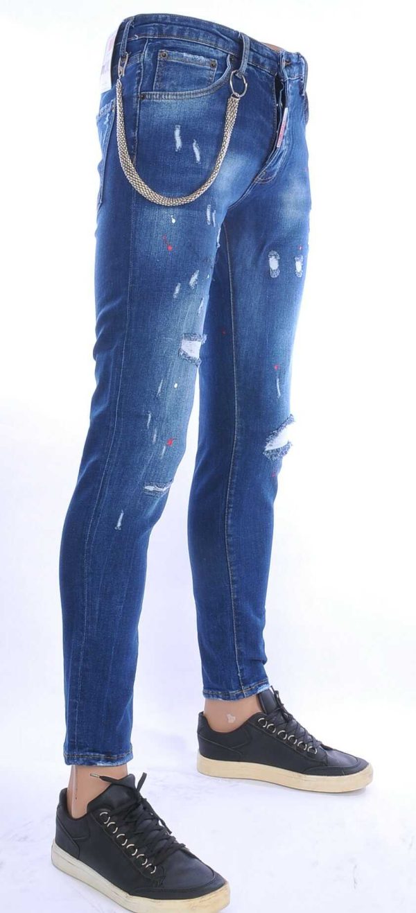 ICON2 hippie gescheurde slim fit stretch heren jeans met verfspatten Blauw