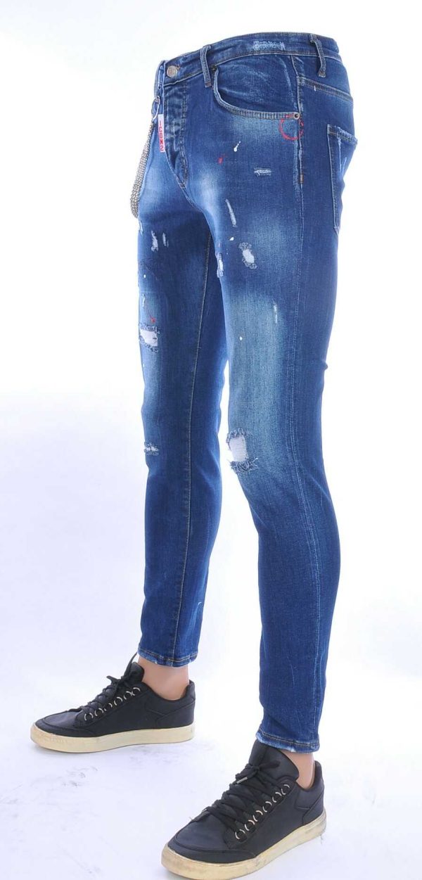 ICON2 hippie gescheurde slim fit stretch heren jeans met verfspatten Blauw