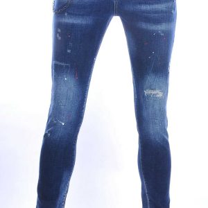 ICON2 hippie gescheurde slim fit stretch heren jeans met verfspatten Blauw