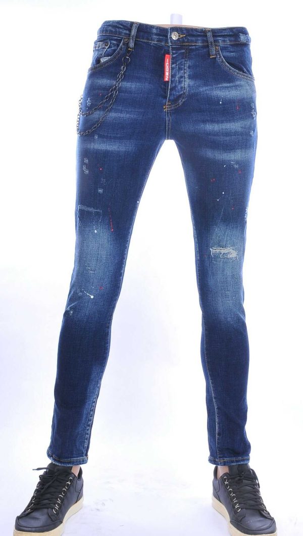 ICON2 hippie gescheurde slim fit stretch heren jeans met verfspatten Blauw