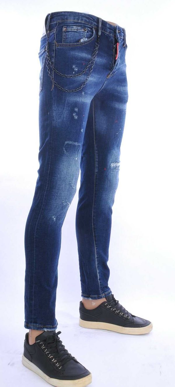 ICON2 hippie gescheurde slim fit stretch heren jeans met verfspatten Blauw