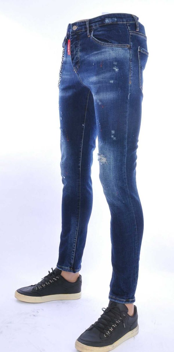 ICON2 hippie gescheurde slim fit stretch heren jeans met verfspatten Blauw