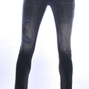 ICON2 hippie gescheurde slim fit stretch heren jeans met verfspatten Zwart