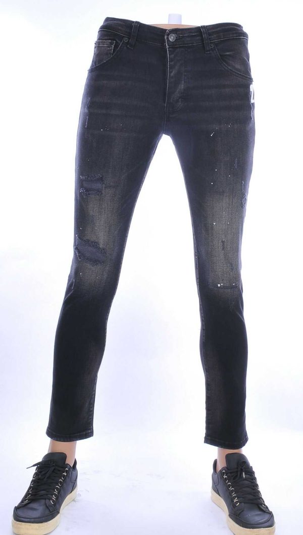 ICON2 hippie gescheurde slim fit stretch heren jeans met verfspatten Zwart