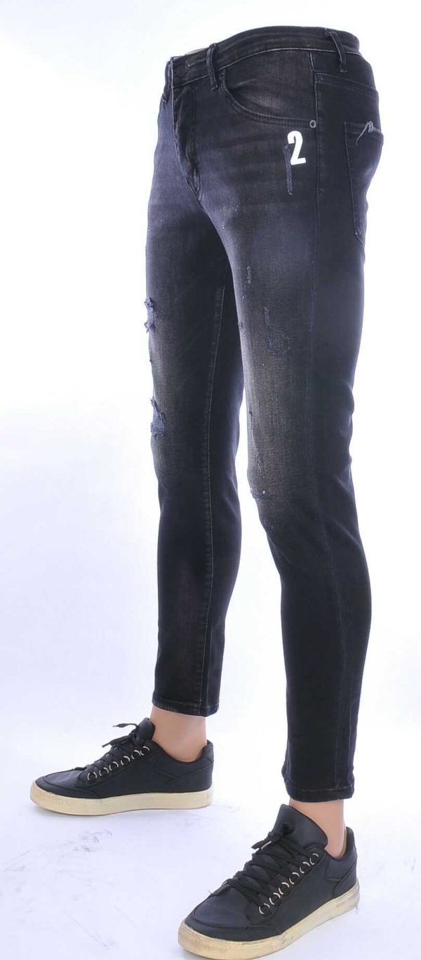 ICON2 hippie gescheurde slim fit stretch heren jeans met verfspatten Zwart