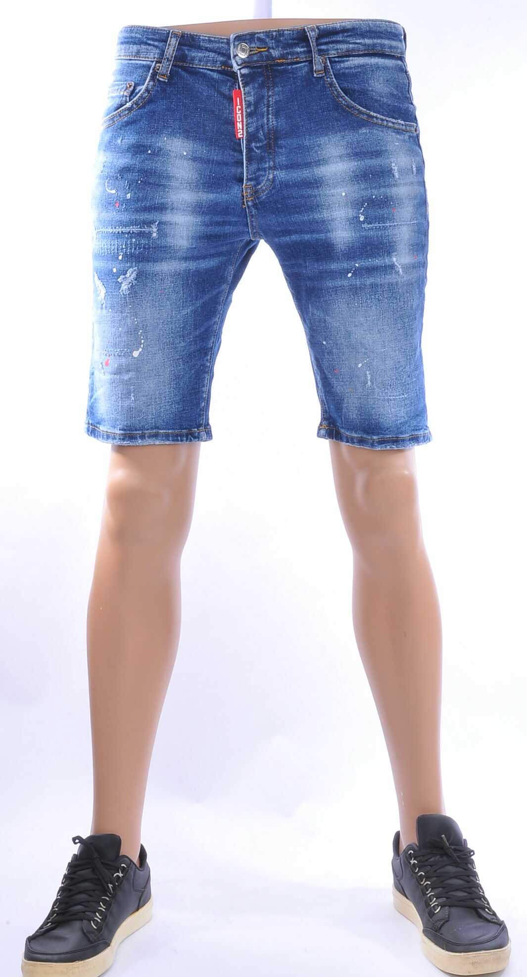 ICON2 Hippe Gescheurde Slim Fit Korte Spijkerbroek voor Heren met Verfspettertjes – Blauw, Perfect voor een Casual en Streetwear Look