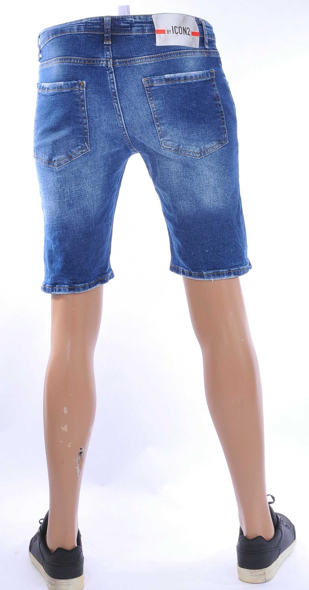 ICON2 Hippe Gescheurde Slim Fit Korte Spijkerbroek voor Heren met Verfspettertjes – Blauw, Perfect voor een Casual en Streetwear Look