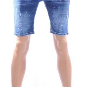 ICON2 Hippe Gescheurde Slim Fit Heren Korte Spijkerbroek met Verfspettertjes – Donkerblauw
